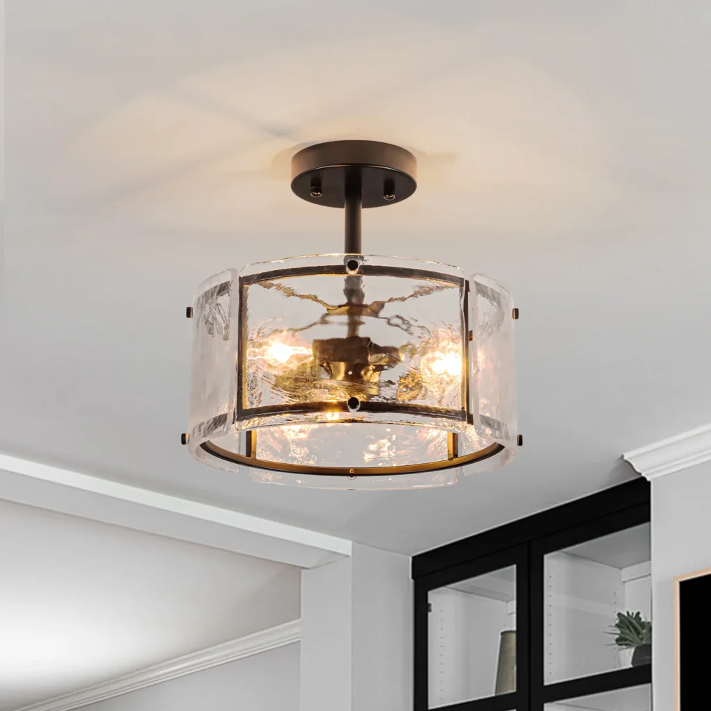3 light modern drum clear water ripple glass small semi flush mount light fixture p1